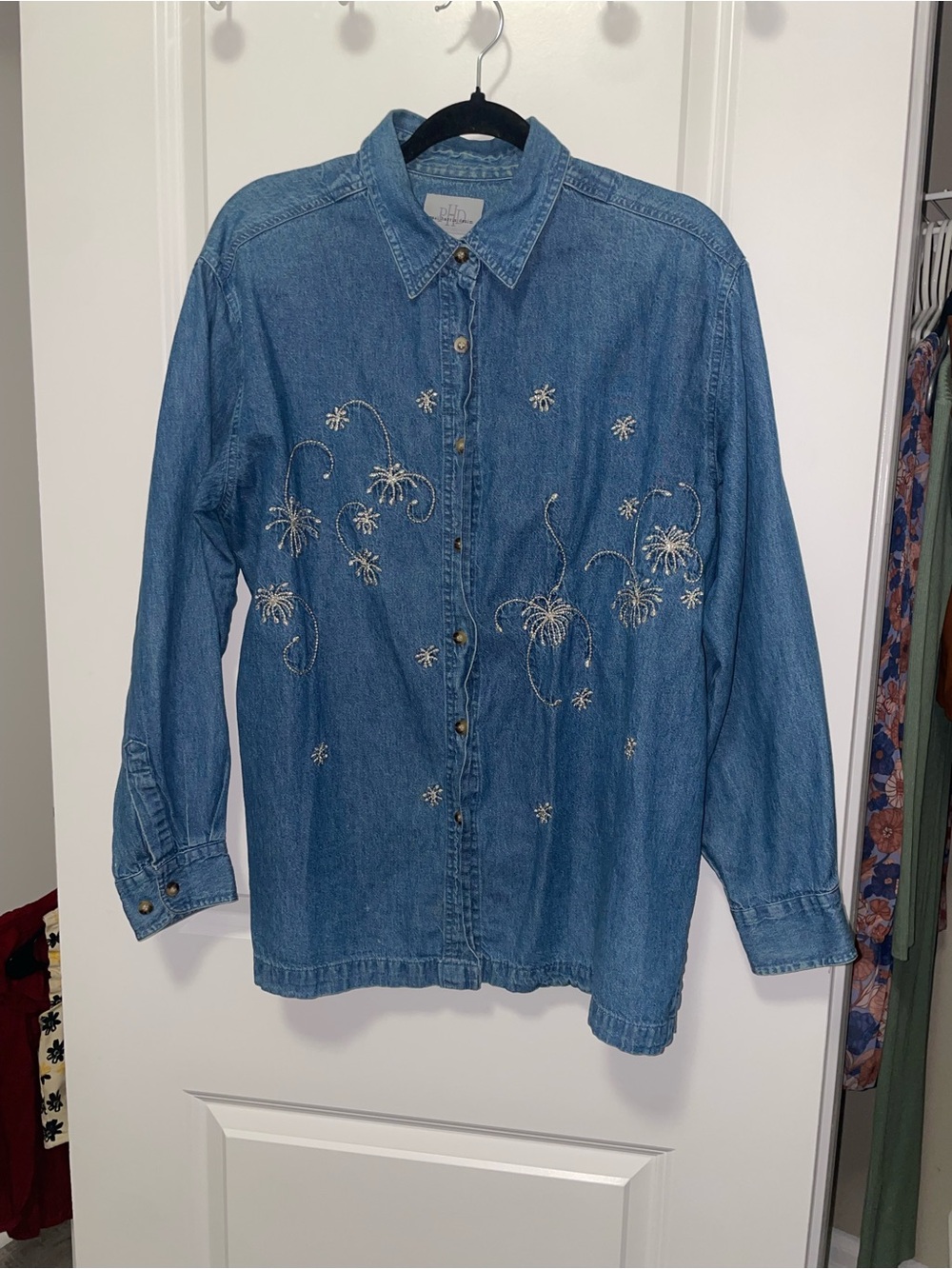 Classic Embroidered Denim Button-Up Shirt - Blue